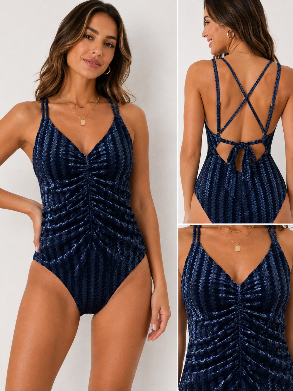 CUPSHE Navy Blue Ruched One-Piece Swimsuit – Size Small